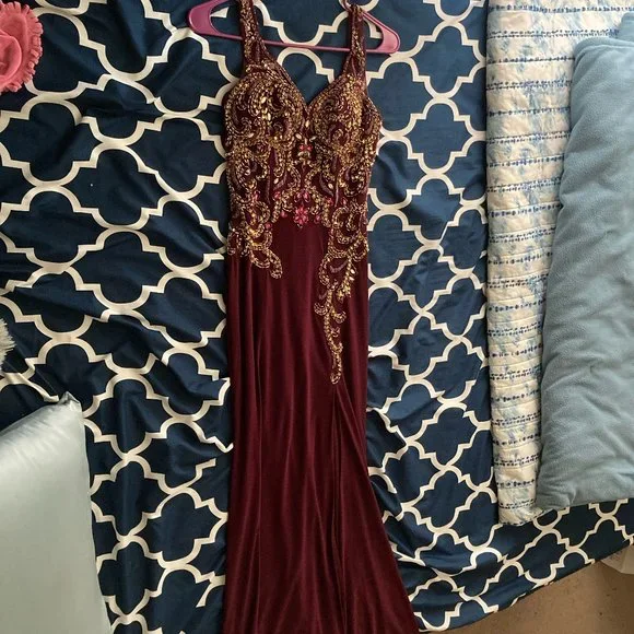Dresses | Maroon And Gold Jeweled Prom Dress | Poshmark